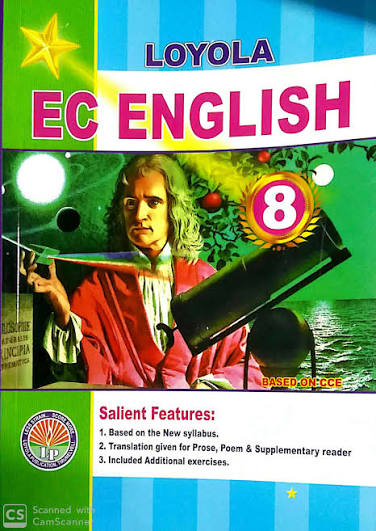 Loyola English Medium English Guide for Class 8 featuring prose, poetry, supplementary lessons, grammar exercises, translation practice, vocabulary development, additional exercises, and exam preparation content based on the Tamil Nadu State Board syllabus.
