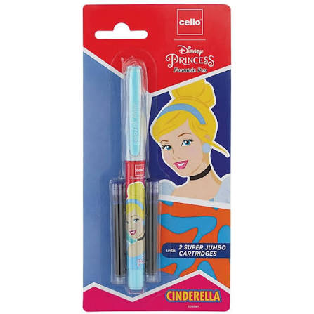 Cello Disney Princess Cinderella themed retractable pen in its original retail blister packaging, featuring Cinderella's illustration and two super jumbo cartridges.