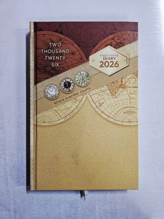 Diary cover with vintage design elements and 'Two Thousand Twenty Six' text on a gray background