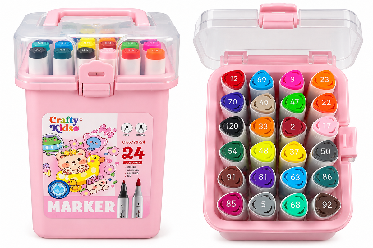 A pink Crafty Kids 24-color marker set shown in two views: closed on the left with a clear lid and printed label, and open on the right showing 24 colorful markers arranged inside. The markers have numbered caps ranging from 1 to 92.