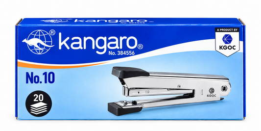 Kangaro No. 10 Stapler in its original blue packaging, featuring a 20-pack count and a KGOC product certification logo.