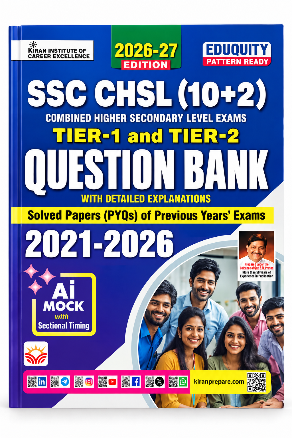 Front cover of a book titled "SSC CHSL (10+2) Question Bank" for the 2026 edition, showing a blue and white design with yellow accents, exam details, mock test badges, and a photo collage of students on the cover.