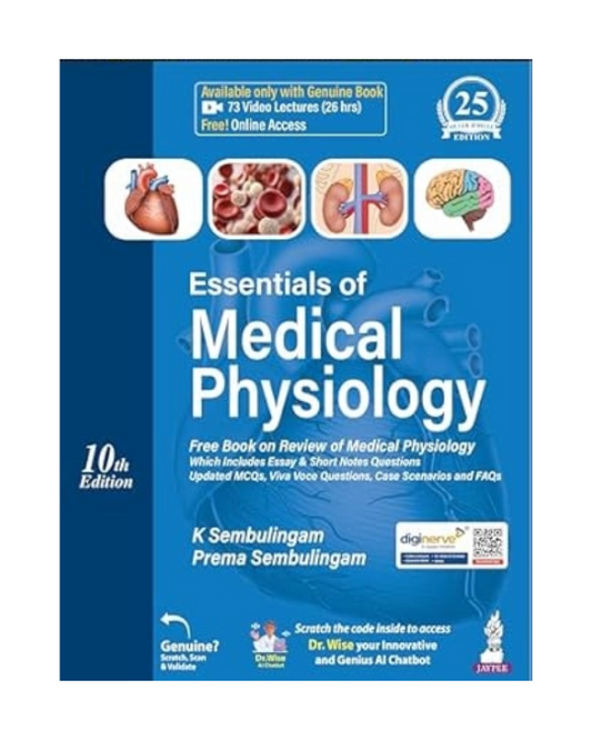 Book cover of 'Essentials of Medical Physiology' with medical illustrations on a blue background