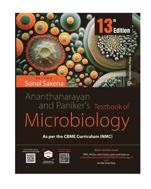 Textbook of Microbiology cover with microbiological images and Sonal Saxena's name on a black background