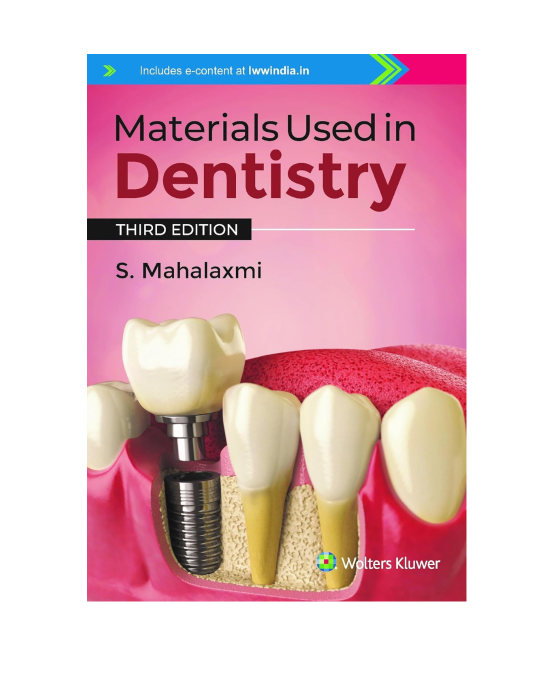 Book cover of 'Materials Used in Dentistry' by S. Mahalaxmi with dental imagery on a pink background.
