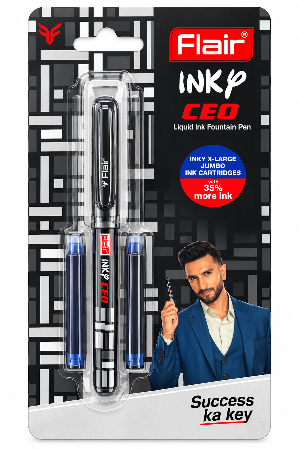 Flair INYP CEO liquid ink fountain pen set in retail blister packaging, featuring a black and silver pen with two blue ink cartridges, on a black and white geometric card with a model photo.