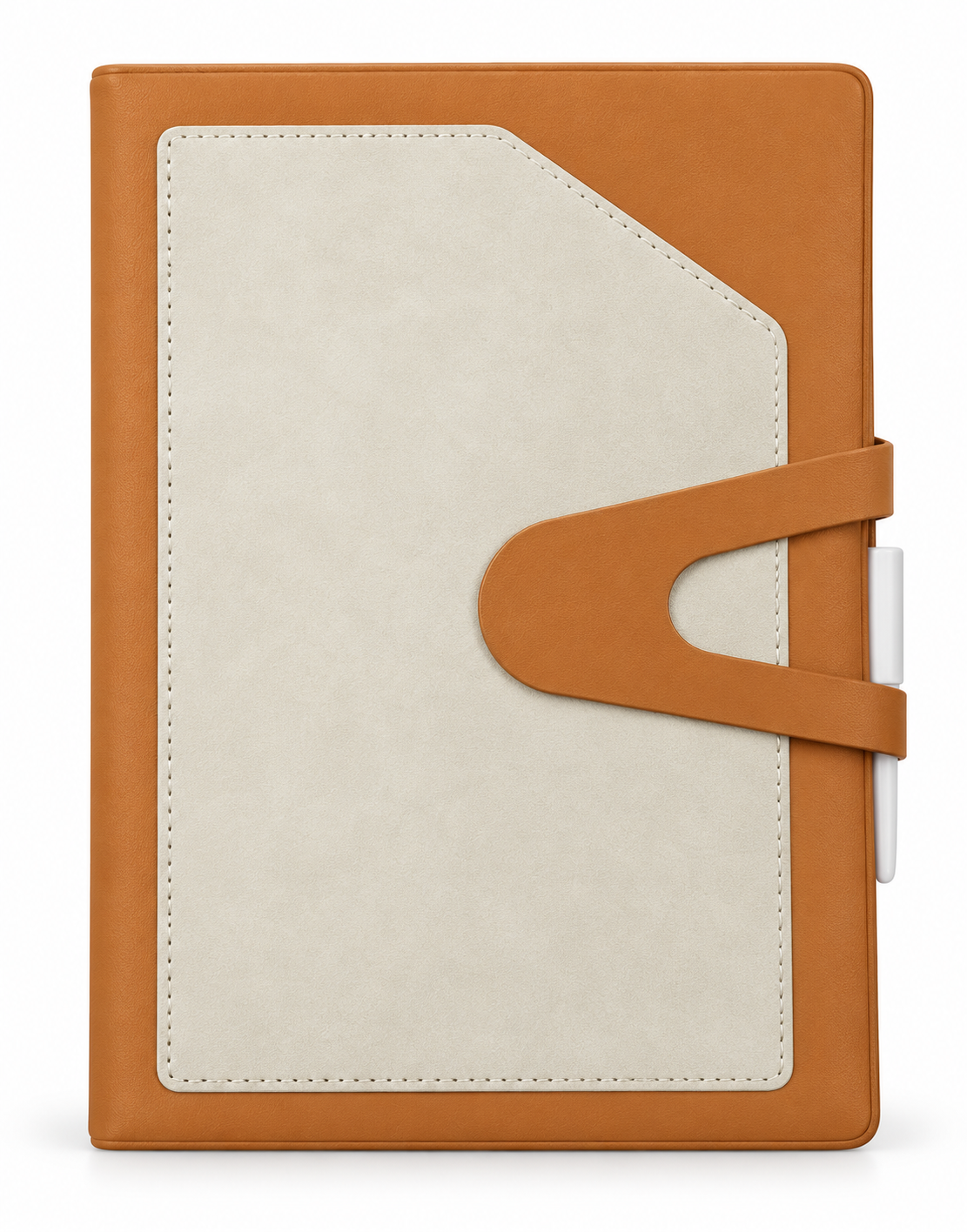 2027 customizable tan and cream executive diary with wraparound strap and pen holder

