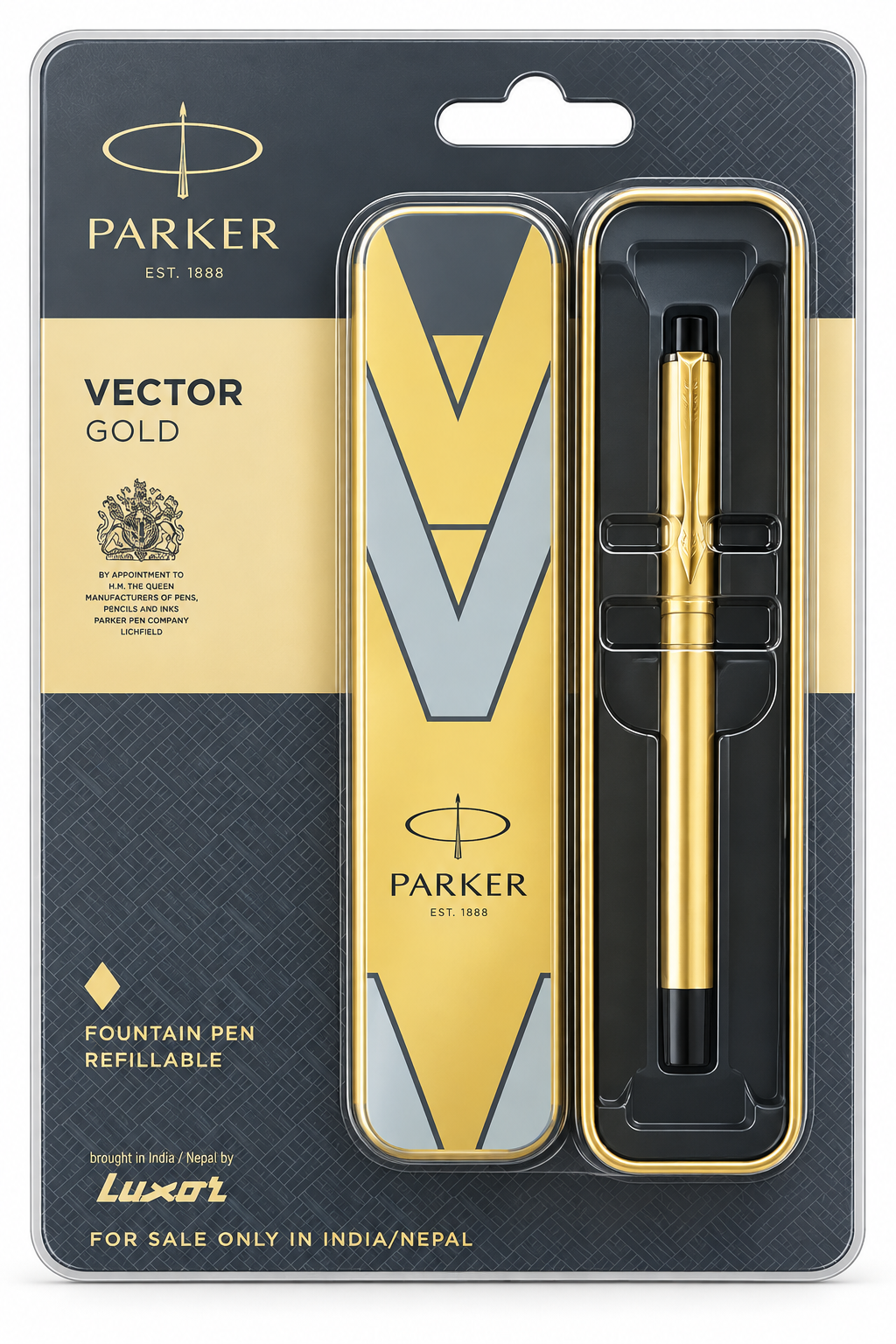 Parker Gold Vector Fountain Pen Refill kit in its original retail blister packaging. The set includes a gold and gray metal pen and a matching gold and gray metal refill, both branded with the Parker logo, inside a black and gold cardboard backing.