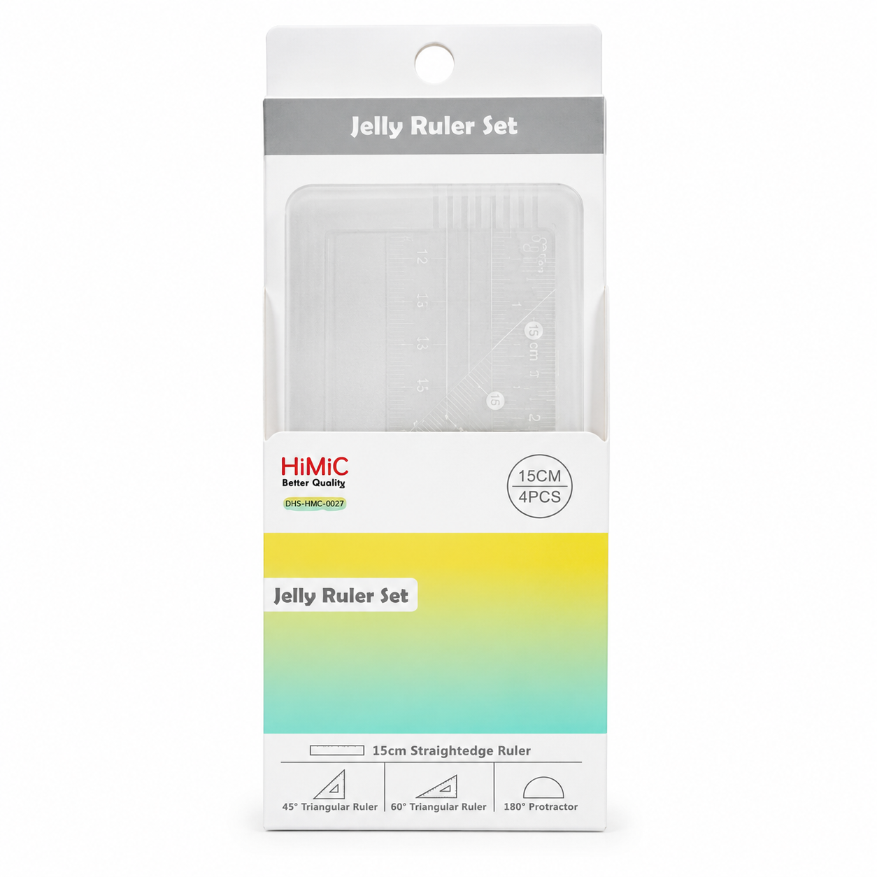 HiMiC Jelly Ruler Set in its original retail packaging, featuring a 15cm 4-piece set of transparent plastic rulers with printed measurement scales.