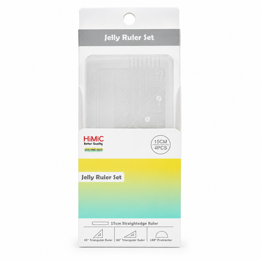 HiMiC Jelly Ruler Set in its original retail packaging, featuring a 15cm 4-piece set of transparent plastic rulers with printed measurement scales.