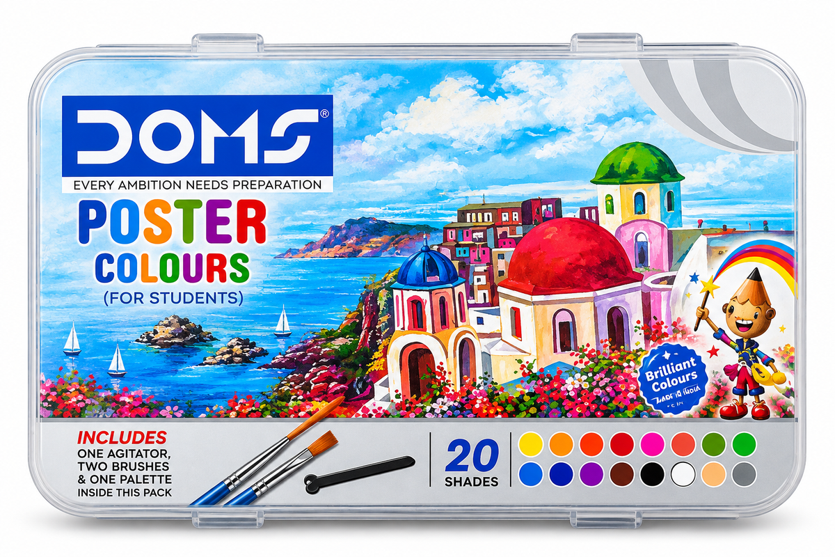 Doms Poster Colours for Students in a clear plastic case, featuring a colorful Mediterranean coastal illustration on the lid, 20 paint shades, one agitator, and two brushes.