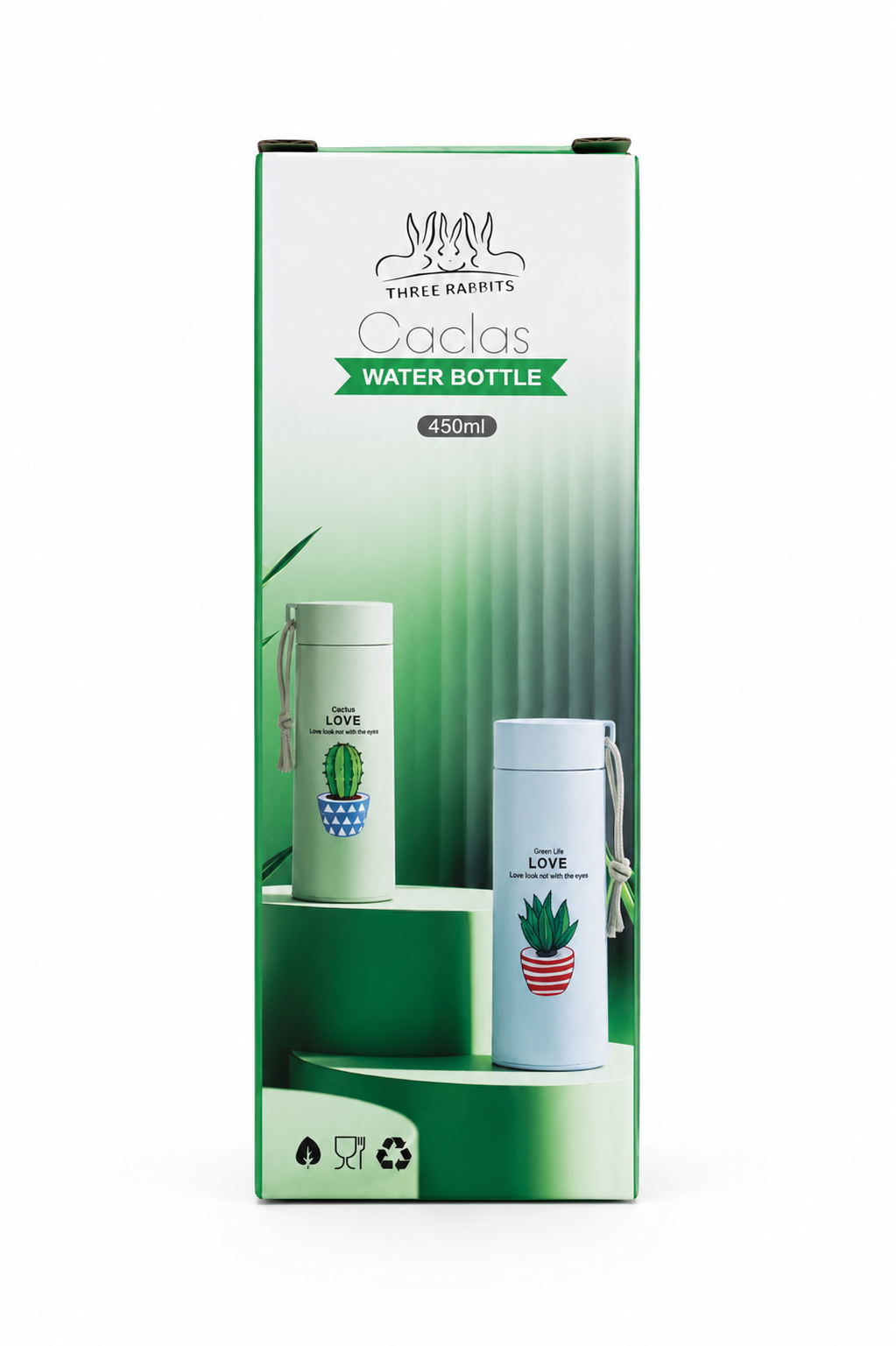 Three Rappiès Cacas Water Bottle 450ml retail packaging box, featuring a green and white design with illustrations of two insulated water bottles.