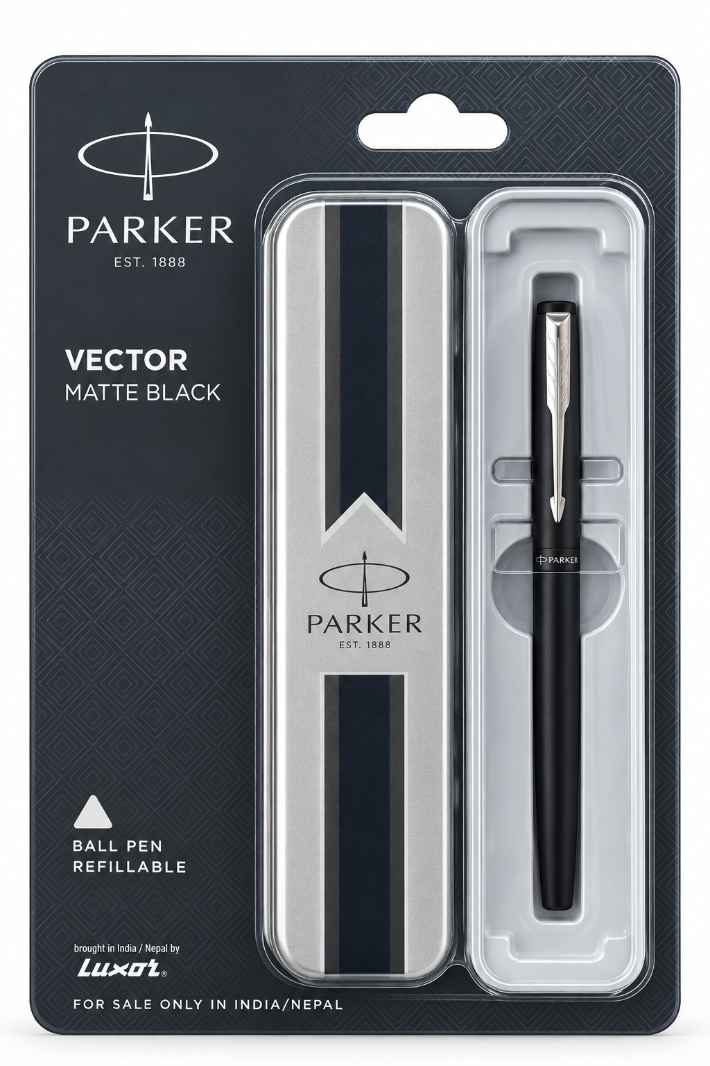 Parker Vector Matte Black ball pen and matching metal case in retail blister packaging, with the pen and case shown in silver and black tones against a dark gray background.