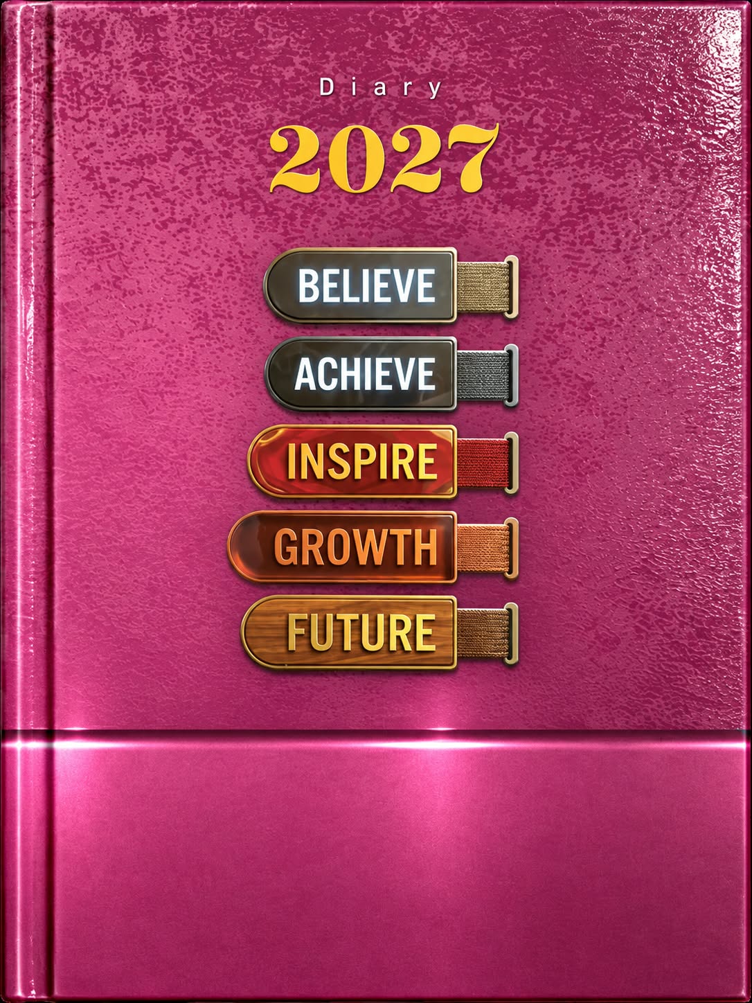 A textured magenta pink 2027 planner or diary cover with gold and multi-colored motivational text and pill-shaped badges reading Believe, Achieve, Inspire, Growth, and Future.