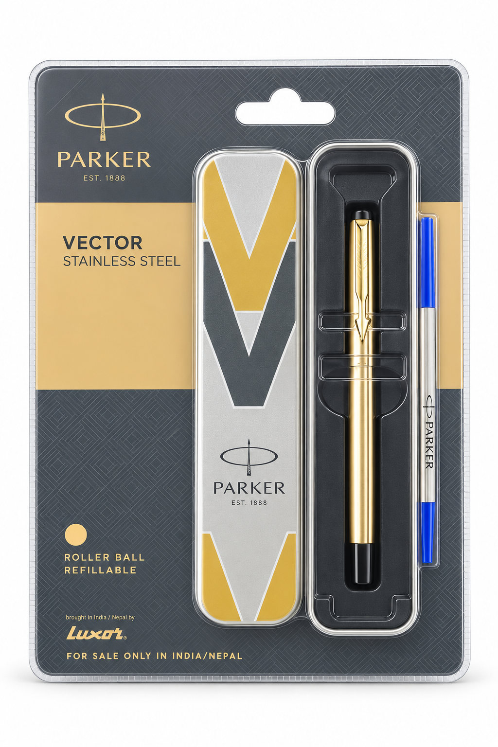 Parker Vector Stainless Steel roller ball refill kit in its original retail blister packaging, featuring a gold and silver metal roller ball, a gold ballpoint pen, and a blue refill pen.