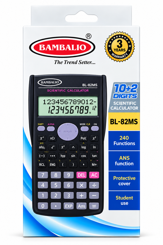 Bambalio BL-82MS scientific calculator in its retail packaging, featuring a black calculator with a green display screen and purple buttons, set against a white box with blue and yellow accents.