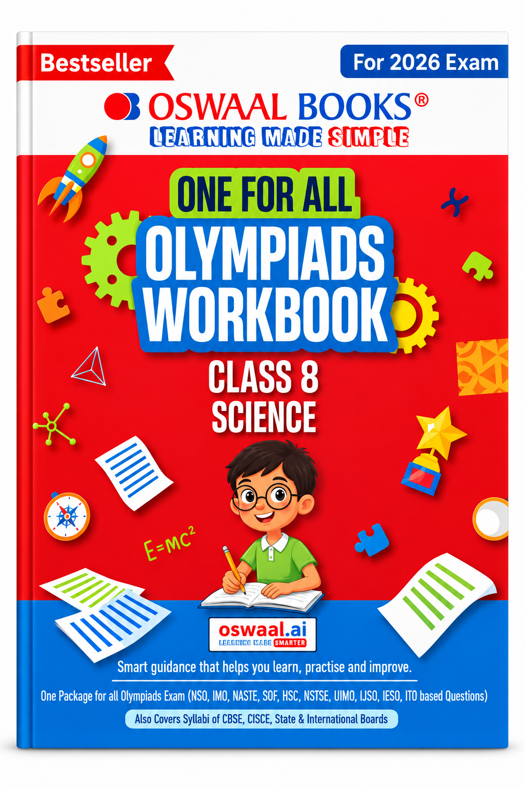 Front cover of the Oswaal Books 'One For All Olympiads Workbook Class 8 Science' book, featuring a bright red background with colorful educational icons, a cartoon boy wearing glasses, and blue and white title text.