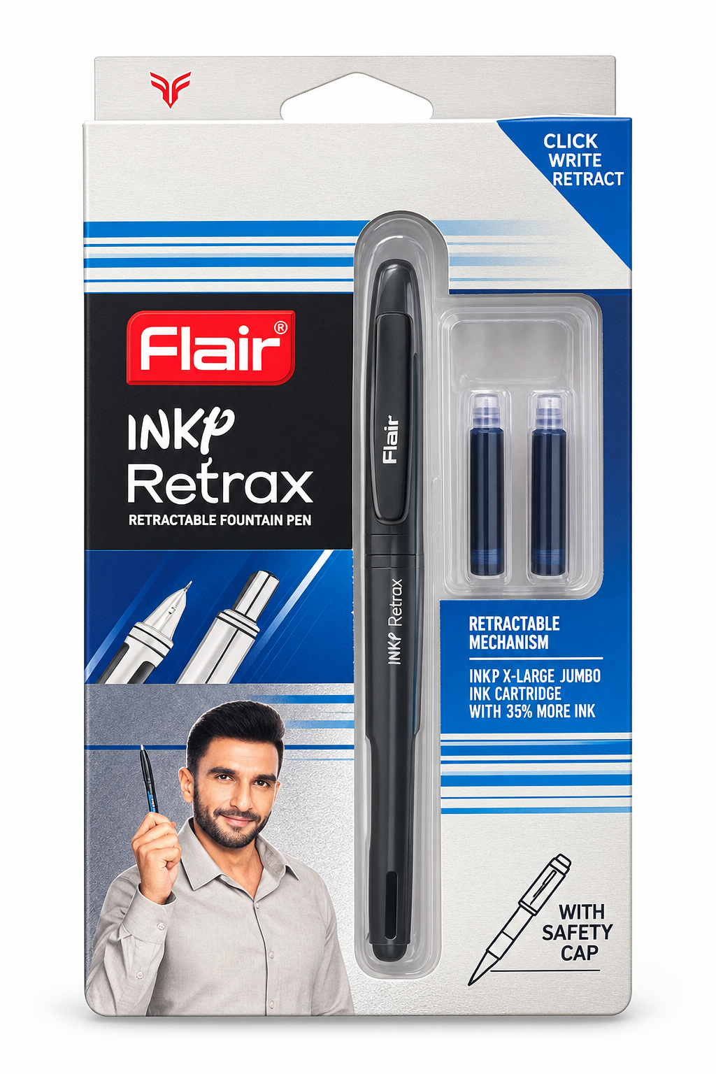 Flair Ink Retrax retractable fountain pen in its retail packaging, featuring a black pen and two blue ink cartridges on a white, blue, and black card with a small model photo.