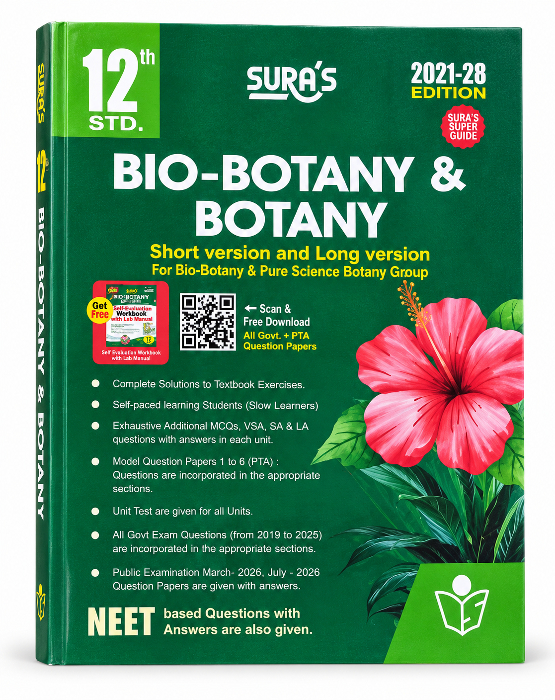 Sura's 12th Std Bio-Botany & Botany Short version and Long version guide book, 2021-28 Edition, featuring a dark green cover with a large pink hibiscus flower illustration and white text.