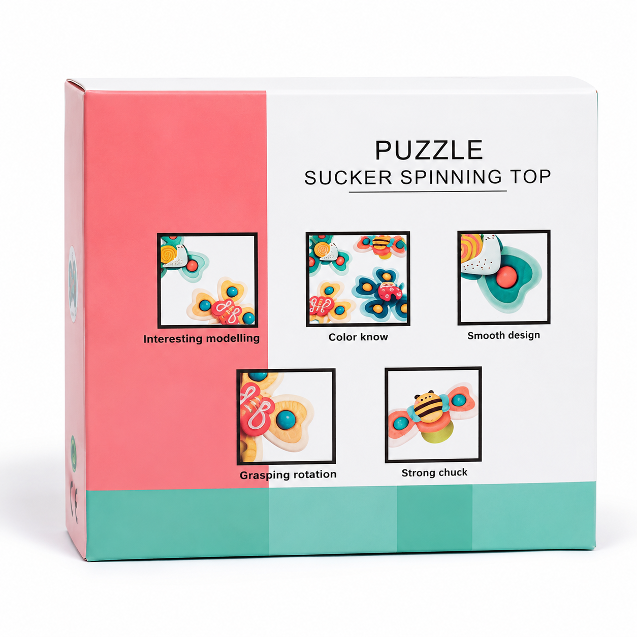 Product packaging box for a 'Puzzle Sucker Spinning Top' toy, featuring a white box with a coral pink top half and a teal bottom band, displaying four feature illustrations.