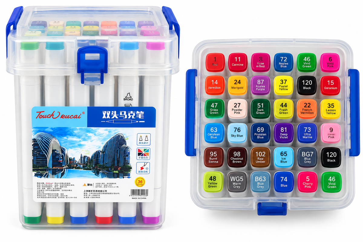 A 24-color paint marker set in a clear plastic storage case with blue latches, shown closed on the left and open on the right to display the numbered color wells. The brand Touche Neuve is visible on the label.