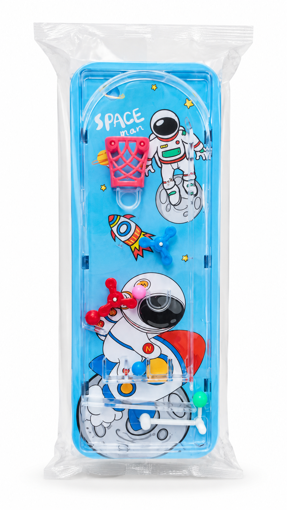 A packaged blue plastic toy with space-themed graphics, including astronauts, a rocket, stars, and a pink hanging loop, shown inside a clear plastic bag on a white background.