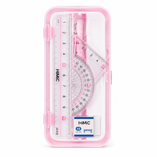 Pink plastic case containing a pink and clear set of HiMIC drawing tools, including a ruler, protractor, compass, and eraser, on a white background.