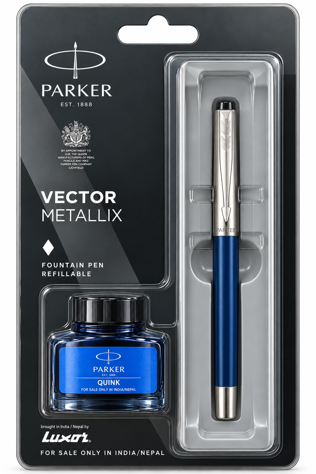 Parker Vector Metallix fountain pen refill set in its original retail blister packaging, featuring a blue ink bottle and a blue and silver pen.