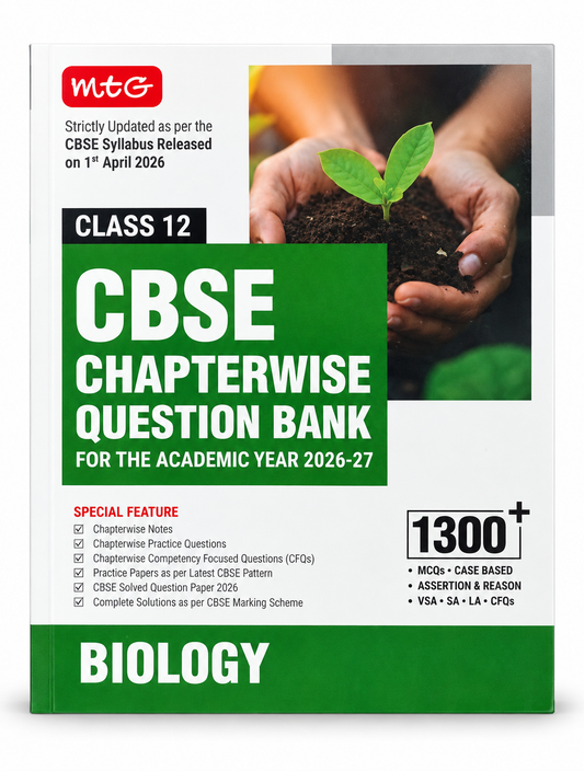 A book cover for 'MBT G CBSE Chapterwise Question Bank for Class 12 Biology' featuring a white and green design with a photo of hands holding a small green plant.