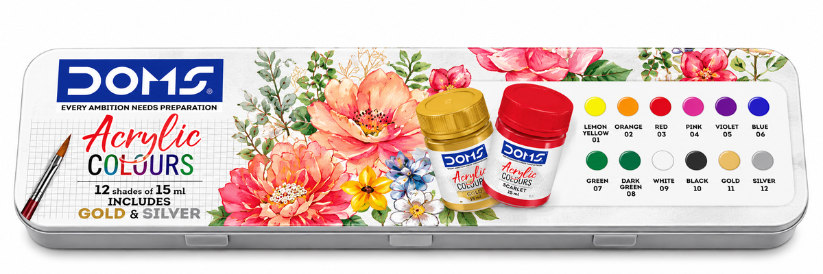A Doms brand acrylic paint tin set featuring 12 colors in a silver metal case decorated with watercolor flowers and paint tubes.
