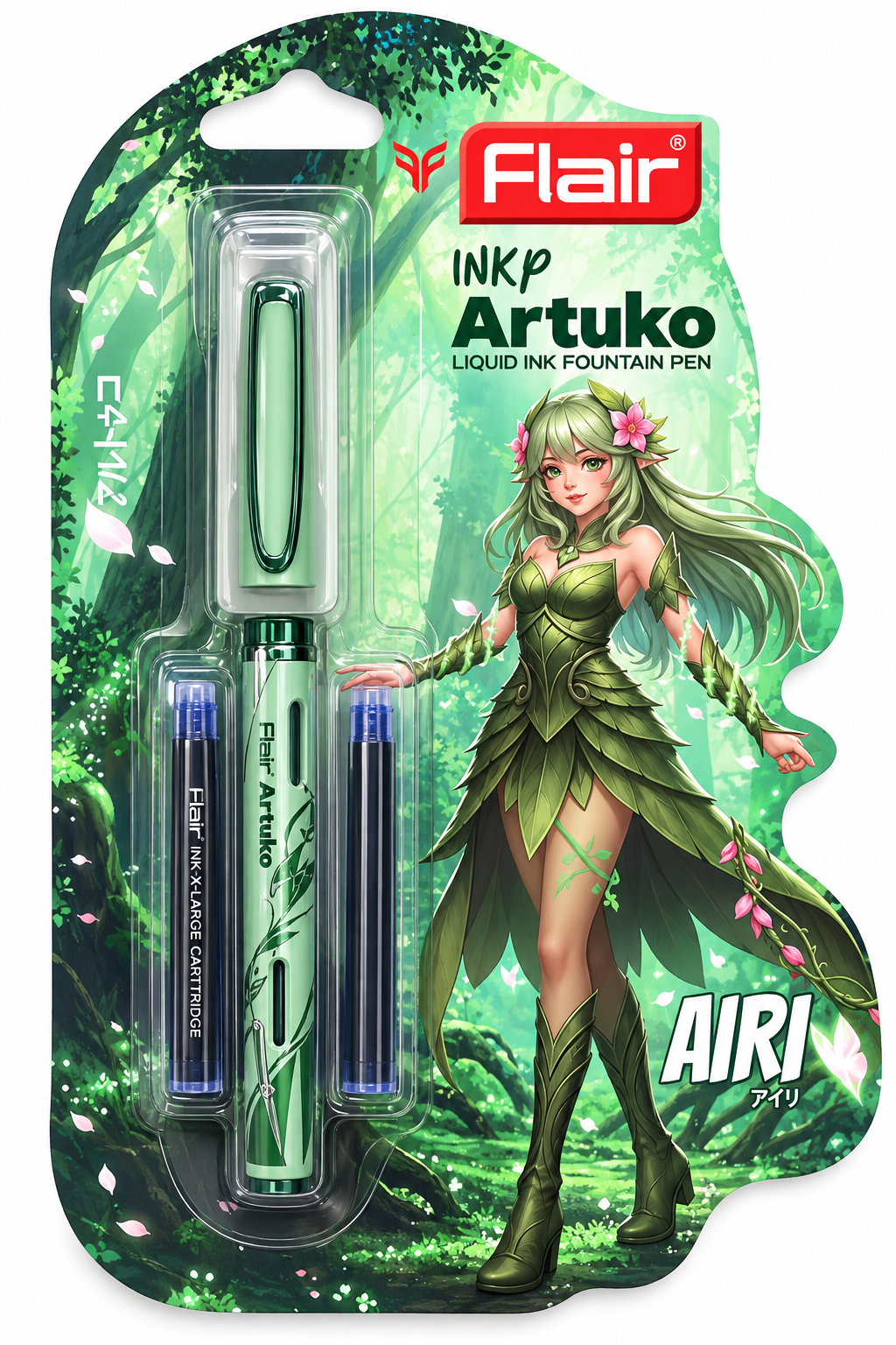 Flair Artuko Airi liquid fountain pen set in its original blister card packaging. The package features a green-themed card with an illustration of a female forest character, showcasing the green pen, a blue ink cartridge, and a blue ink cartridge cap.