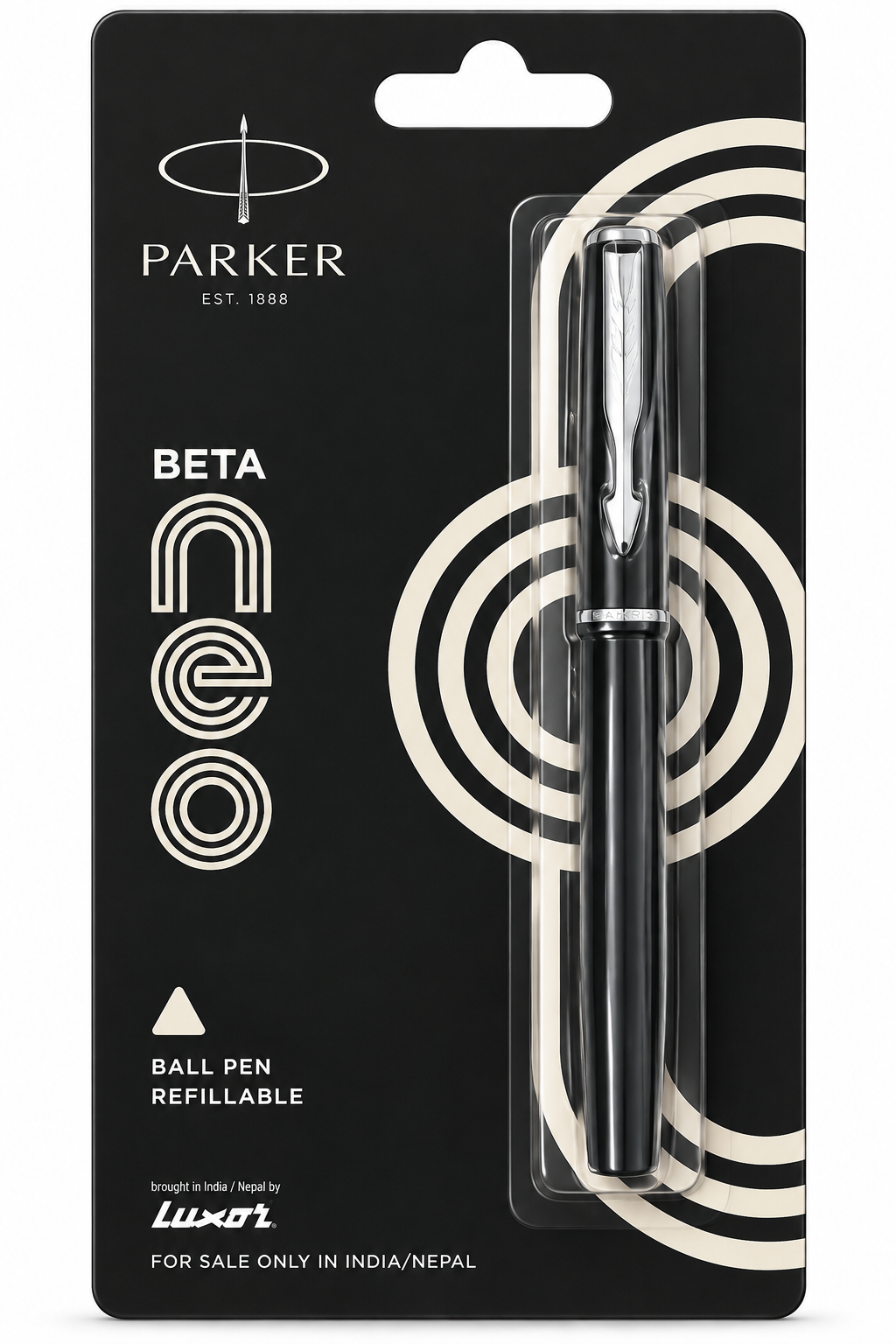 Parker Beta Neo ball pen refill in its original black blister card packaging, featuring a sleek black and silver pen inside a clear plastic bubble.