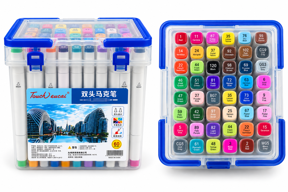 A 36-color marker set in a clear plastic storage box with blue latches, shown from the front and the lid displaying the individual marker caps in a grid. The brand 'Touch Wencai' is visible on the front label.