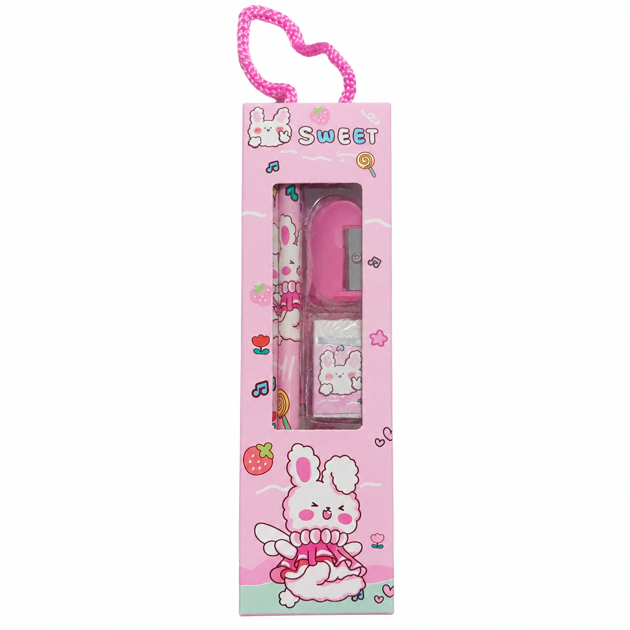 A pink stationery set in a matching retail box with a heart-shaped loop at the top. The set includes a pink pen, a small pink ruler or eraser-like tool, and a small white-and-pink item, all decorated with bunny and strawberry illustrations.