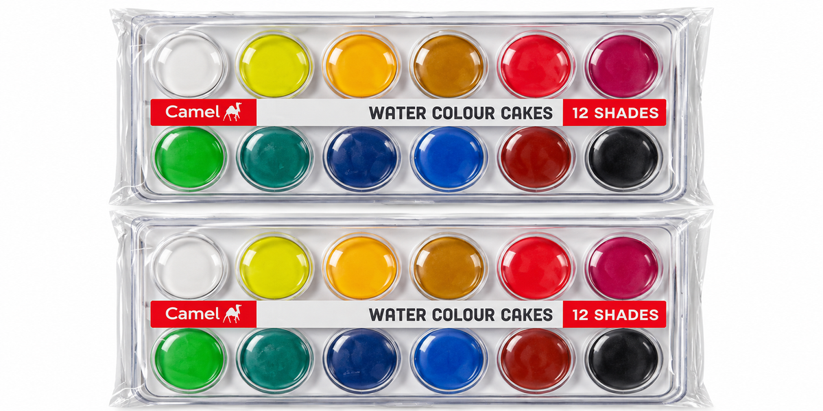 Two Camel brand water colour cakes sets, each containing 12 shades of paint in a clear plastic clamshell package, shown against a white background.