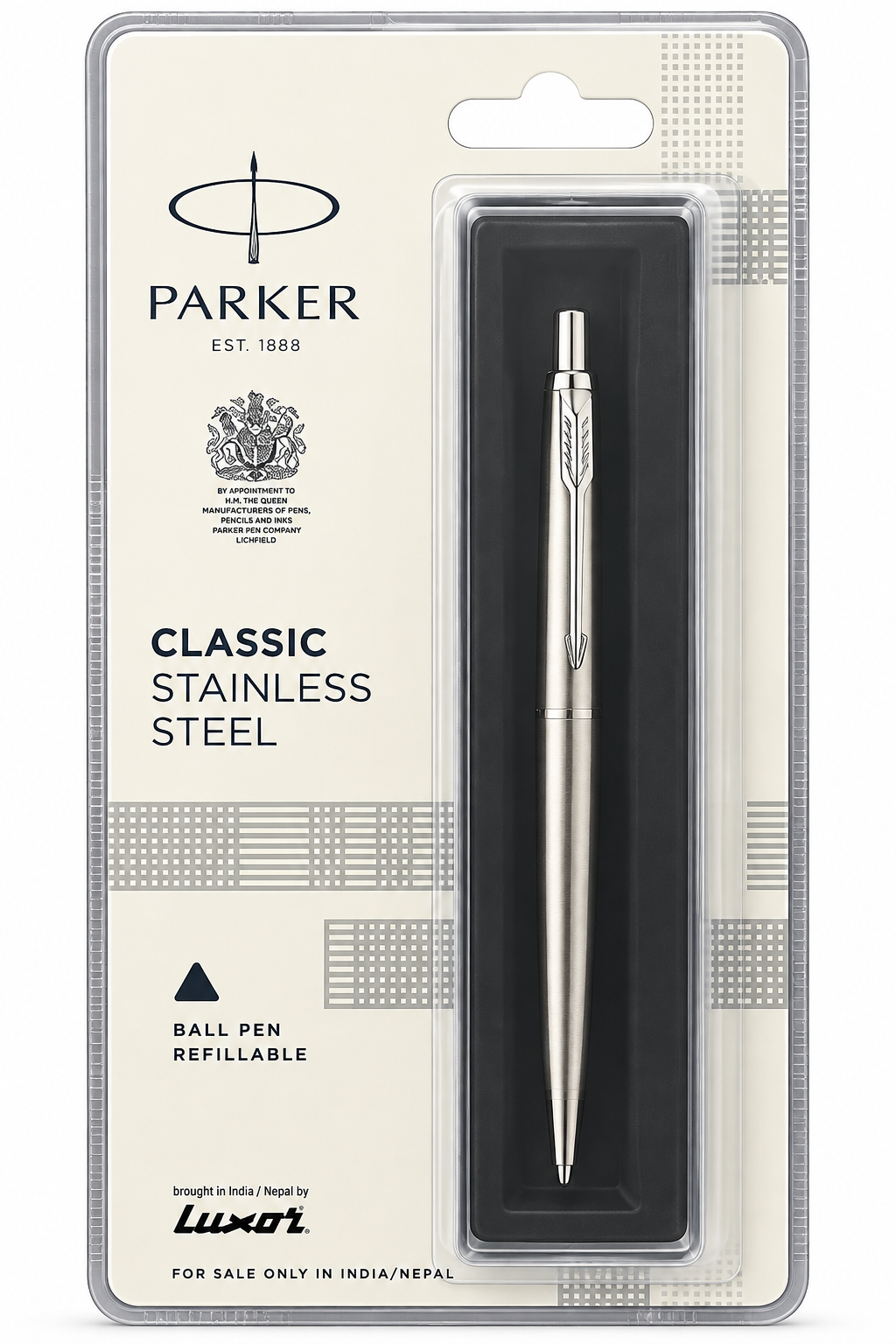 Parker Classic Stainless Steel ball pen in its original retail blister packaging, featuring a silver metallic pen inside a black plastic holder on a cream-colored backing card.