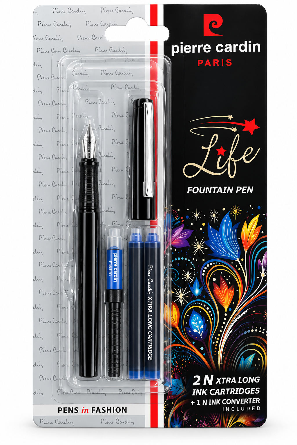 Pierre Cardin Life Fountain Pen set in retail blister packaging, featuring a black fountain pen, two blue ink cartridges, and a black pen converter on a gray and black card with colorful floral artwork.