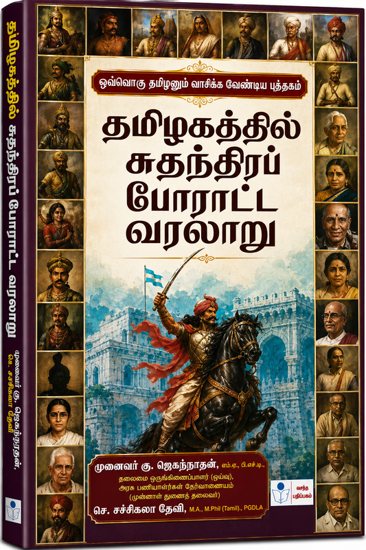 A book cover for a Tamil history book titled 'தமிழ்க்கு திருமூலம் சதநீர் போராட்ட வரலாறு' shown at a slight angle to display the spine. The cover features a central illustration of a warrior on a horse raising a flag in front of a palace, surrounded by a border of historical portrait photos.