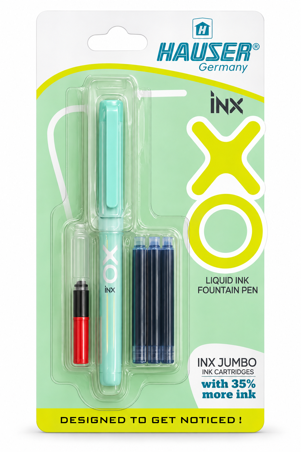 HAUSER INX Liquid Ink Fountain Pen set in retail blister packaging, featuring a mint green jumbo pen, a red ink cartridge, and two dark blue ink cartridges on a white and light green card.