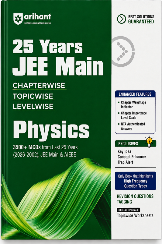 Front cover of Arihant's 25 Years JEE Main Physics book, featuring a dark green and white design with blue and green abstract wave graphics at the bottom.