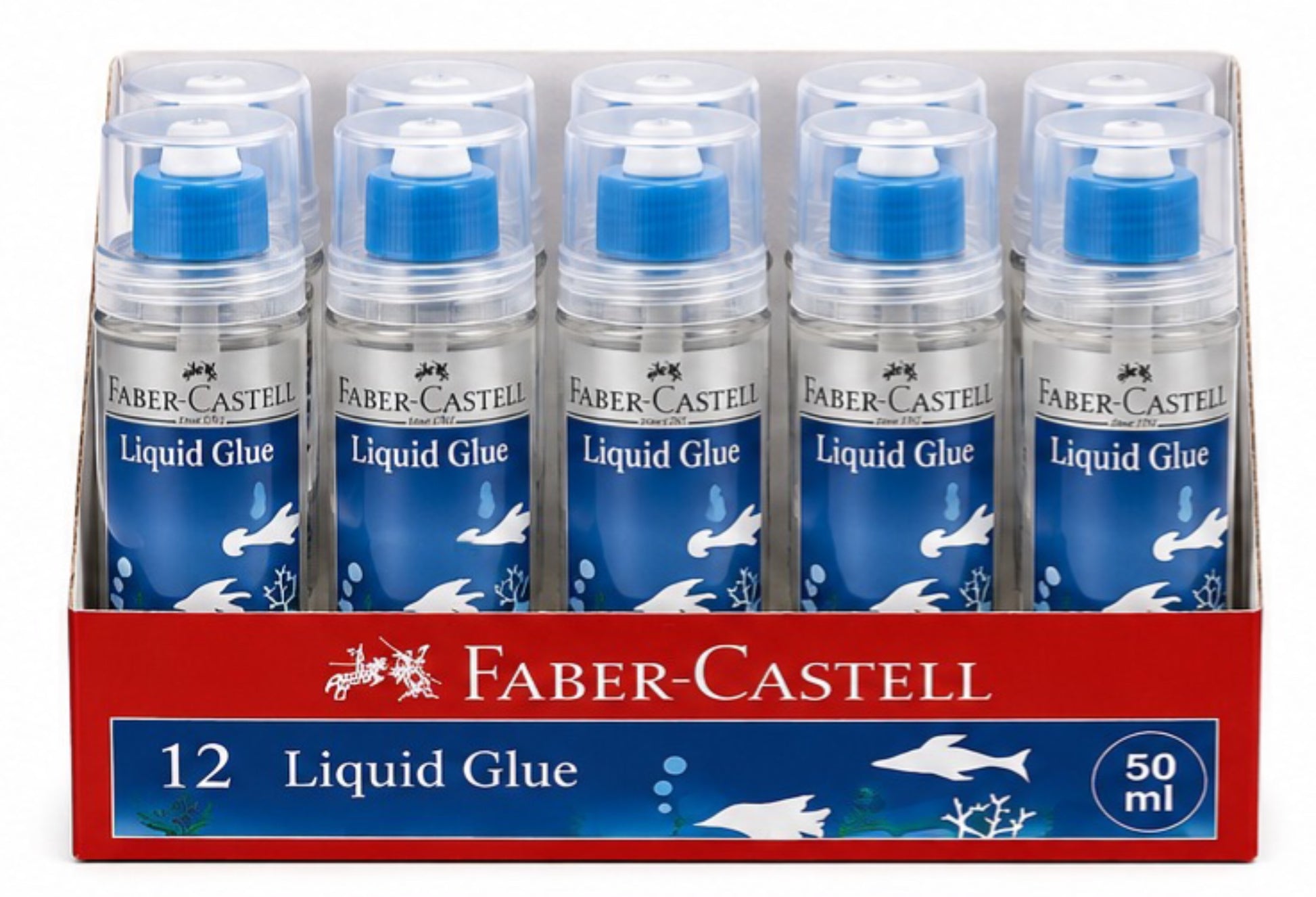 Box of Faber-Castell liquid glue with six individual bottles.