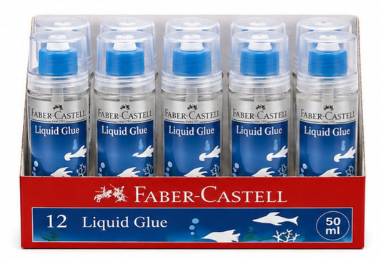 Box of Faber-Castell liquid glue with six individual bottles.
