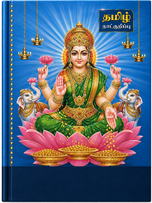 A square book or album cover featuring a colorful illustration of a Hindu deity seated on a pink lotus with elephants and hanging lamps, with Tamil text in the top right corner and a dark blue lower section.