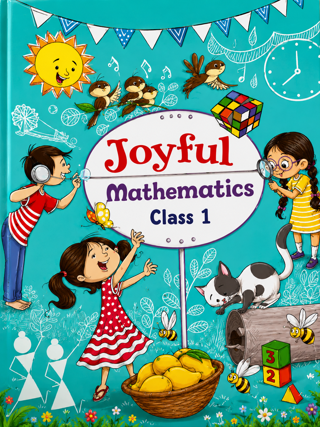 Book cover of 'Joyful Mathematics Class 1' with colorful illustrations and children playing.