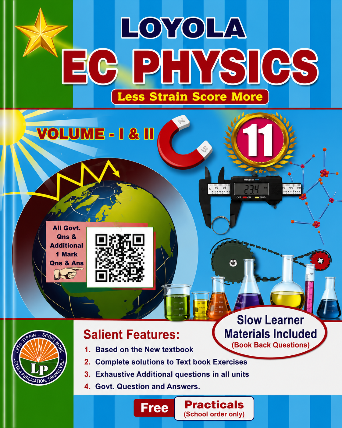 Loyola EC Physics textbook for Class 11 with colorful design and physics-related images.