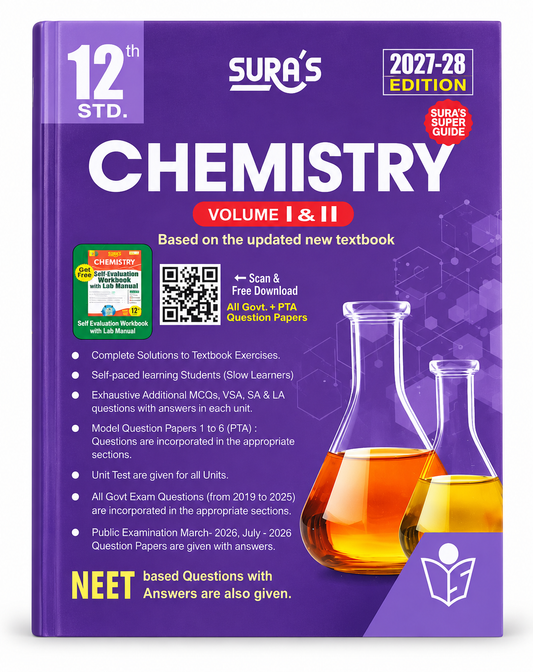Front cover of a purple chemistry study guide book titled '12th STD. Chemistry Volume I & II' by Sura's, with '2027-28 Edition' and 'Sura's Super Guide' badges, plus flask illustrations with orange liquid.