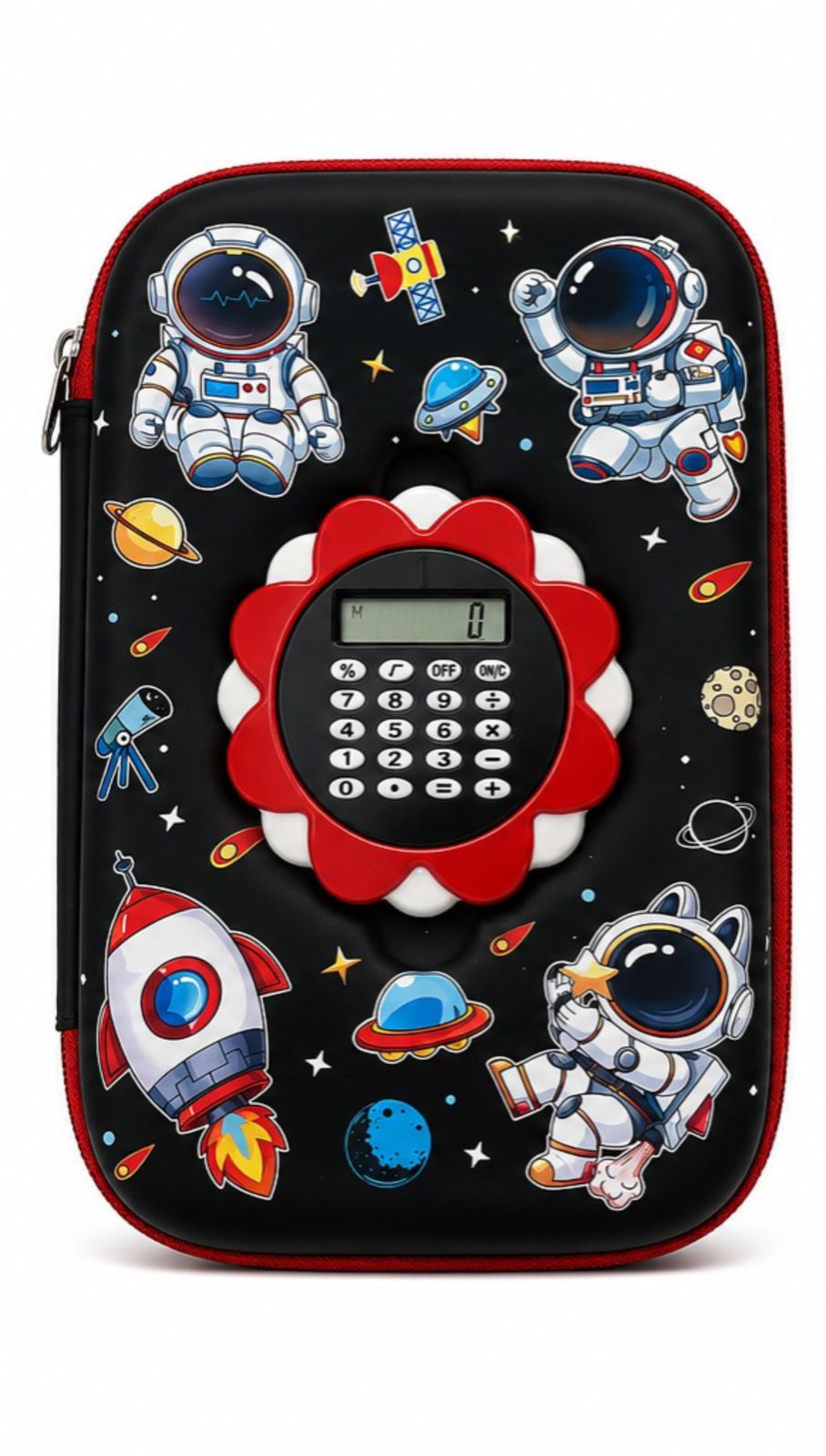 Black astronaut themed calculator pencil box with space design for kids
