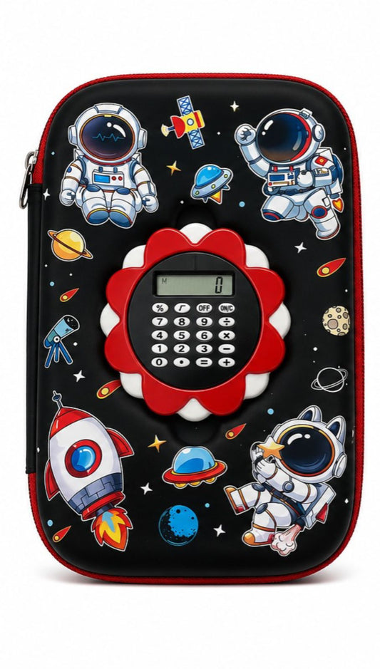 Black astronaut themed calculator pencil box with space design for kids