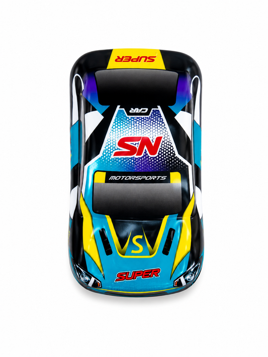 A toy model race car shown from a top-down view on a white background. The car features a vibrant livery with light blue, black, yellow, and white graphics, including 'SN MOTORSPORTS' and 'SUPER' logos.