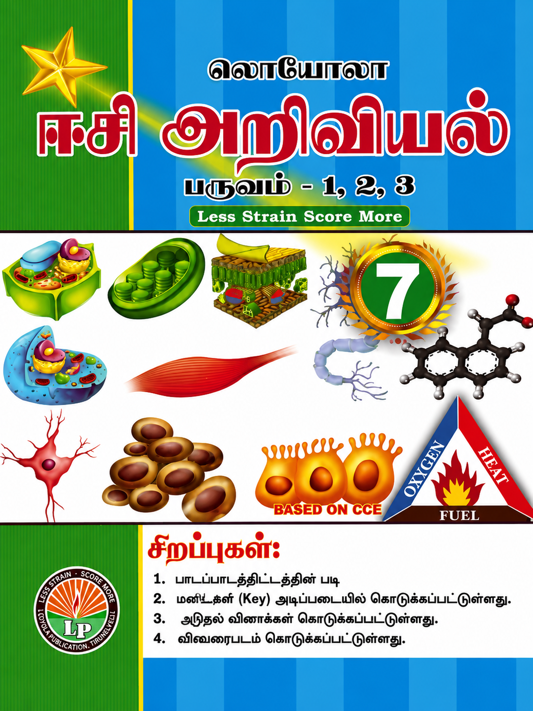 Textbook cover with colorful illustrations and text in Tamil, featuring various scientific diagrams.